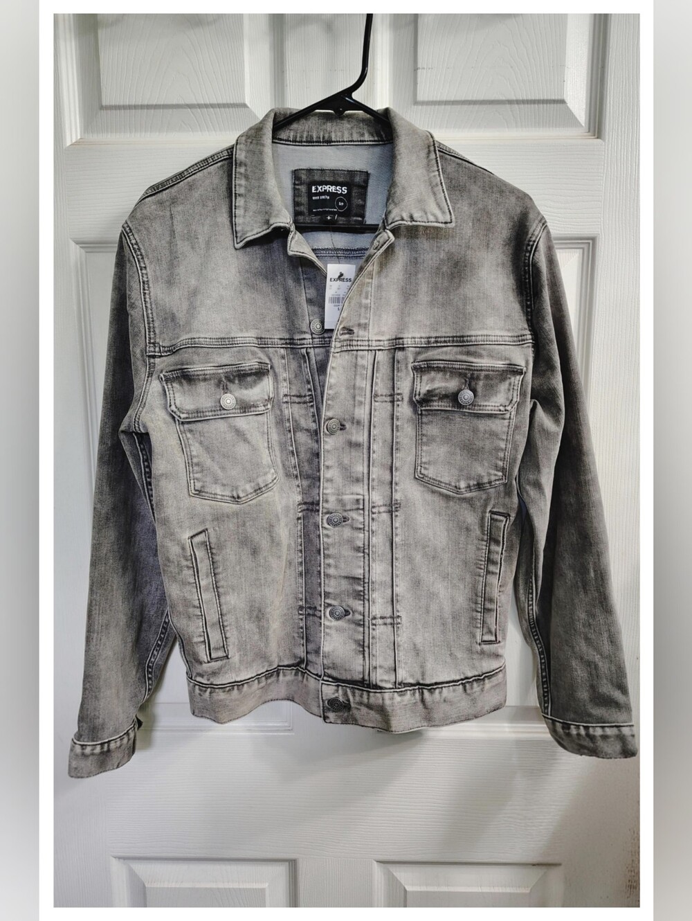 'Express' Distressed Look Buttoned Denim Jacket - Gray - Women's Small *NWT*